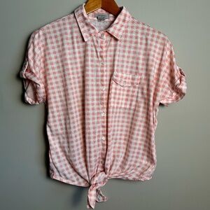 Passport Women's Pink Gingham Short Sleeve Button‎ Up Shirt Medium Hem Tie Beach